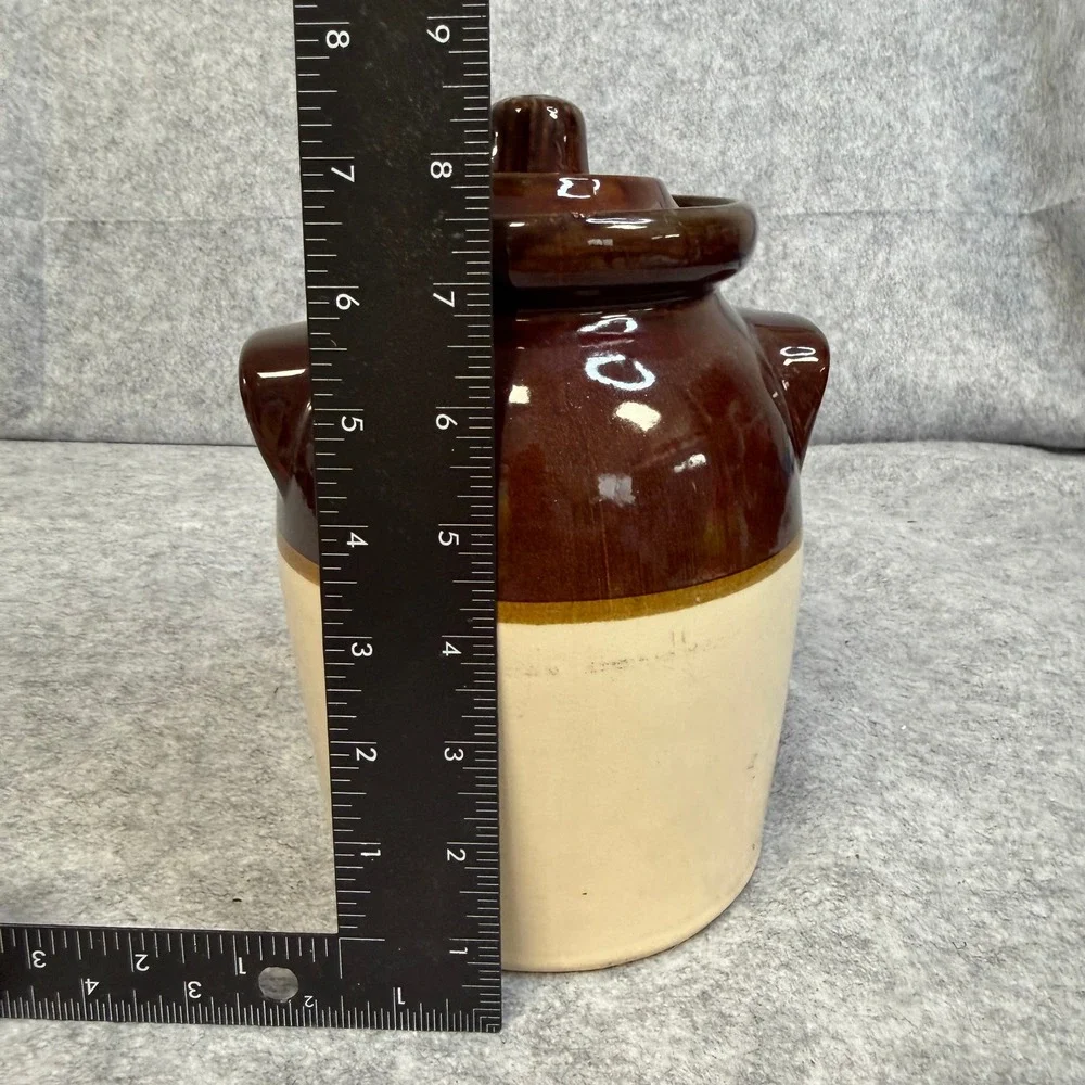 Vintage Two Tone Brown and Cream Stoneware Bean Pot Crock with Lid and Handles